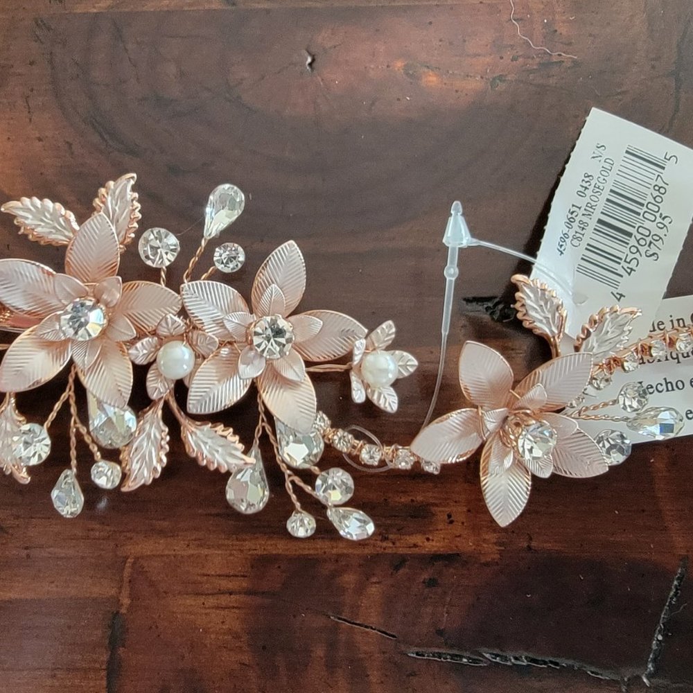 David's Bridal Rose Gold Jeweled Brushed Blossoms Hair Clip NWT